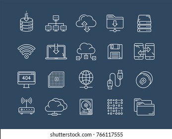 Cloud omputing. Internet technology. Online services. Data processing, information security. Connection. Thin line web icon set. Outline icons collection.Vector illustration.