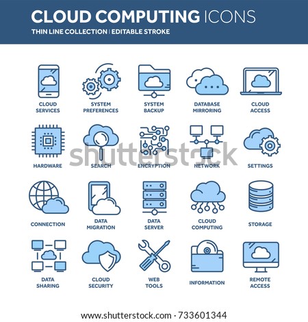 Cloud omputing. Internet technology. Online services. Data, information security. Connection. Thin line blue web icon set. Outline icons collection.Vector illustration.