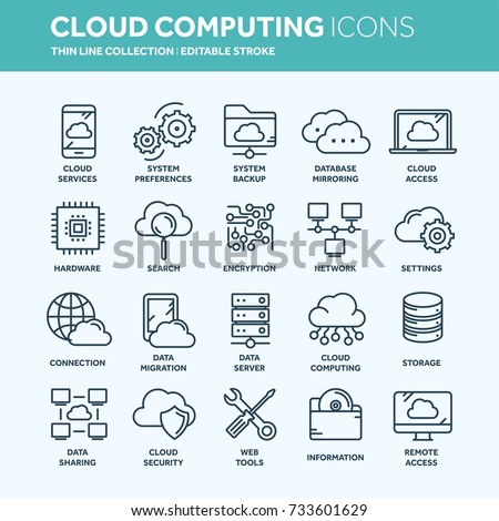 Cloud omputing. Internet technology. Online services. Data, information security. Connection. Thin line web icon set. Outline icons collection.Vector illustration.