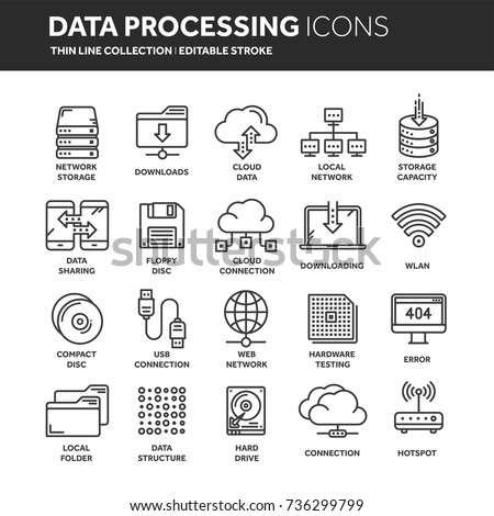 Cloud omputing. Internet technology. Online services. Data processing, information security. Connection. Thin line web icon set. Outline icons collection.Vector illustration.