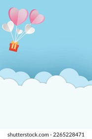 Nube sobre fondo azul y globos cardíacos es rosa y blanco y volador, con regalos rojos para decoraciones de tarjetas en el saludo de evento de amor valentino o invitado, o afiche como vector