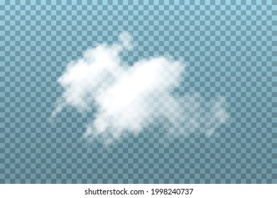 Cloud on blue transparent background. Realistic fluffy white cloud vector illustration. Overcast day nature outdoor