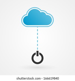 Cloud and on botton icon. Turn on, turn off. Vector illustration, flat design