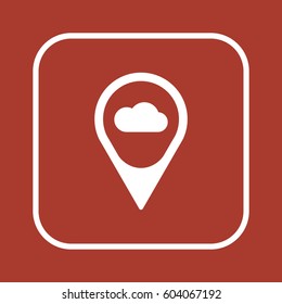 Cloud on map locator icon, isolated. Flat  design. 