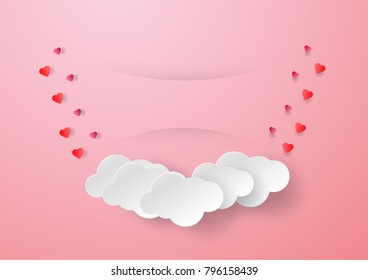 Cloud on pink gradient background with hearts. Vector design in paper craft with drop shadow.