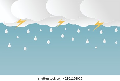 Cloud on a rainy day with thunder and lightning.Rainy day in paper cut style .Monsoon concept