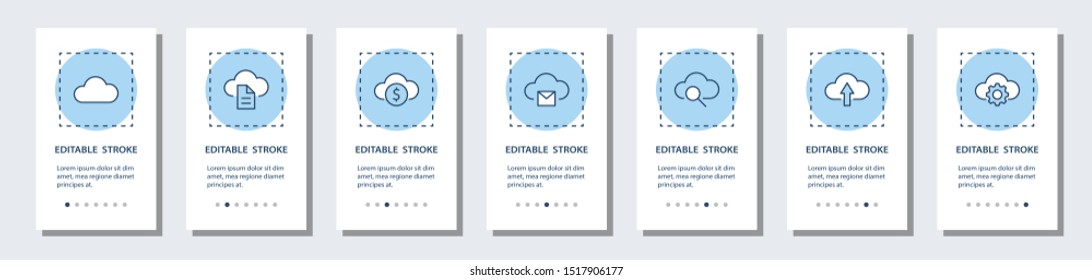 Cloud Onboarding Mobile app Page Screen with Linear Concepts. upload, download, link and more. Steps Graphic Instructions UX UI GUI Vector Template with illustrations