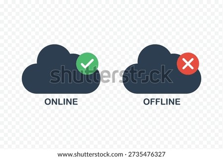 Cloud online and offline status icons for internet connection vector. Internet connection status icon set. Online and Offline Internet Connection Icon set. showing online, offline, no signal connected
