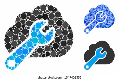 Cloud options mosaic of filled circles in different sizes and shades, based on cloud options icon. Vector filled circles are united into blue illustration.