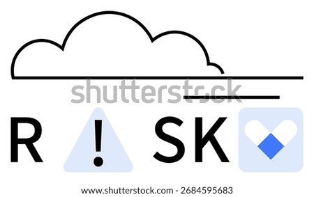 Cloud outline above letters RSK with an exclamation mark inside a triangle and blue square heart. Ideal for cybersecurity, cloud storage, data protection, warning signs, safety protocols, IT