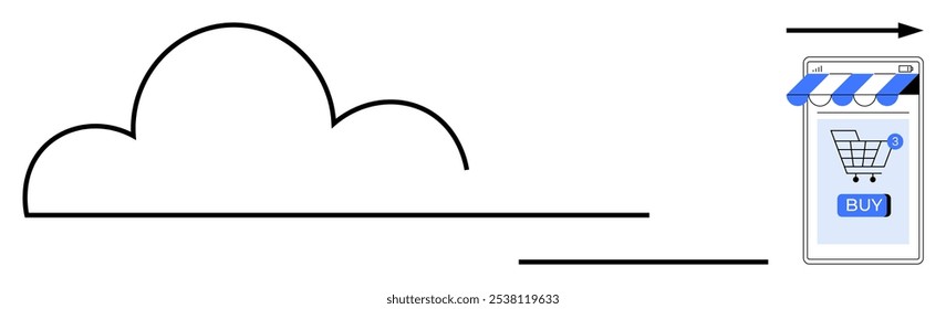 Esquema de la nube con una flecha que apunta hacia un teléfono que muestra un Carrito de compras y comprar Botón. Ideal para comercio electrónico, tecnología en la nube, compras en línea, App móviles, transacciones digitales. Vector