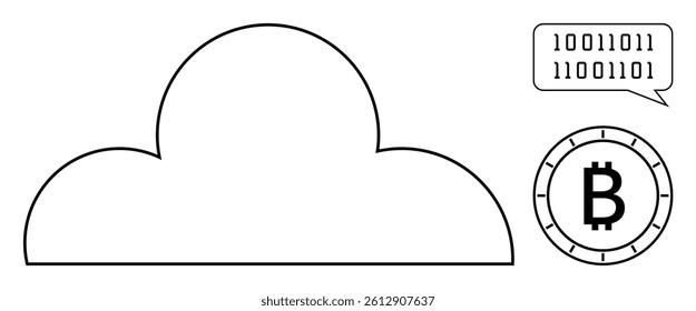 Cloud outline with binary code chat bubble and Bitcoin symbol. Ideal for cloud technology, cryptocurrency, data storage, communication, blockchain, digital finance, coding industries. Line metaphor
