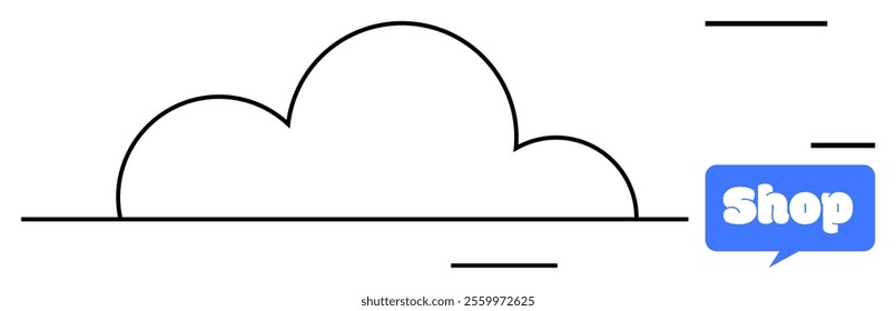 Cloud outline with a blue speech bubble showing the word shop. Simple lines and shapes form minimalist design. Ideal for online shopping, technology, e-commerce, marketing, cloud services