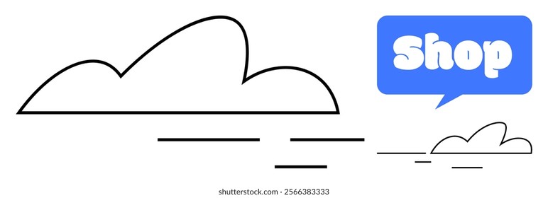 Cloud outline with chat bubble containing word Shop. Ideal for e-commerce, online shopping, digital marketing, cloud computing services, website UI design. Simple and modern style