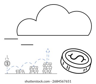 Cloud outline with coin stacks demonstrating growth. Ideal for financial technology, investment, cloud computing, economics, digital savings, banking solutions, online markets. Line metaphor