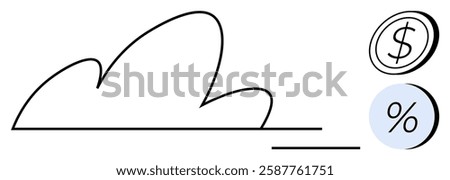 Cloud outline connected to dollar sign and percentage icons. Ideal for finance, technology, data storage, cloud computing, growth analytics, business planning, investments. Line metaphor