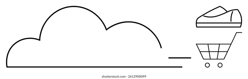 Cloud outline connected to shopping cart with shoes, representing digital shopping and e-commerce. Ideal for online retail, cloud services, e-commerce platforms, digital marketing, technology