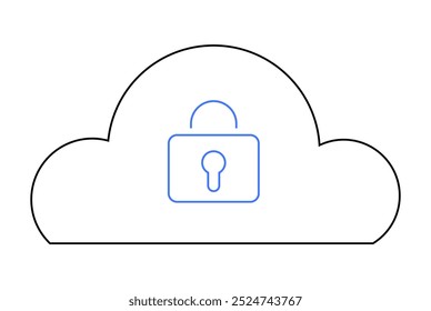 Um contorno de nuvem contendo um ícone de cadeado azul representando segurança e privacidade. Ideal para computação em nuvem, proteção de dados, segurança cibernética, privacidade on-line e temas de armazenamento seguro. Minimalista