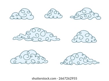 Cloud outline drawing, set of curly fantasy clouds drawn with one continuous line. Vector illustration