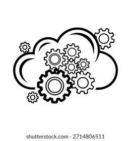 Um esboço de nuvem preenchido com várias engrenagens, representando computação em nuvem e sistemas interconectados.