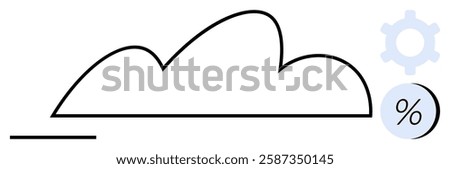 Cloud outline with a horizontal line at the bottom, percentage sign inside a circle, and a gear symbol. Ideal for technology, data storage, cloud services, analytics, performance optimization, IT