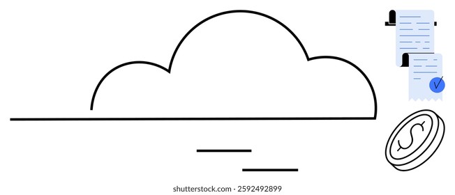 Cloud outline with lines underneath, digital document with a checkmark, and coin with signature. Ideal for data security, cloud storage, authentication, digital transactions, technology. Simple