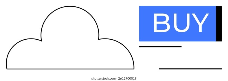 Cloud outline next to a blue BUY button symbolizes digital purchases and online transactions. Ideal for e-commerce, marketing, cloud services, digital stores, mobile apps, financial technology