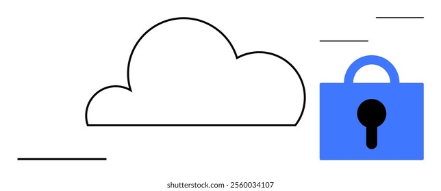 Cloud outline next to a blue lock symbol. Ideal for cloud storage, cybersecurity, data protection, online security, and encryption discussions. Simple, minimalistic style