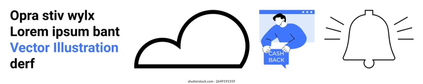 Cloud outline, notification bell with sound lines, man on blue-styled screen. Ideal for tech, web design, mobile apps, notifications, cloud services, user interface design, digital marketing. Landing