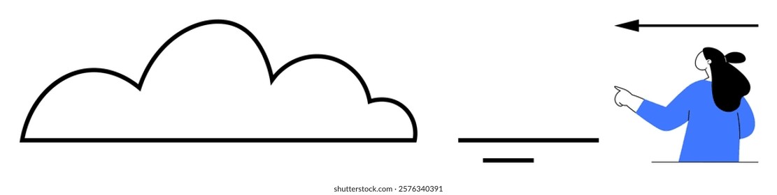 Cloud with outline on left and person in blue shirt pointing to right with arrow above. Ideal for navigation, weather, direction, technology, communication. Simple clean style