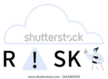 Cloud outline with RSK text, exclamation inside a triangle, and professional pointing. Ideal for technology, security, business, finance, education consulting innovation themes. Line metaphor