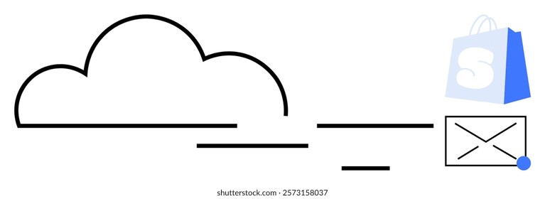 Cloud outline with a shopping bag icon and an email envelope. Ideal for online purchases, e-commerce, cloud services, digital marketing, and internet communication. Minimalist vector style with blue