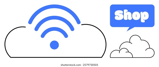 Cloud outline with wireless symbol and speech bubble saying Shop represents online shopping and digital connectivity. Ideal for e-commerce, technology, cloud computing, internet services, and digital