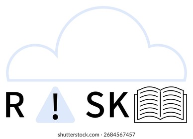 Esquema de la nube con la palabra RIESGO donde I es un triángulo de alerta y K es un libro abierto. Ideal para seguridad en la nube, ciberseguridad, protección de datos, estrategia de TI, evaluación de riesgos, implementación de políticas