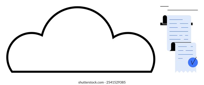 Cloud outlined in black with documents to the right. Ideal for cloud storage data management digital documents document verification remote access. Simple modern minimalistic style