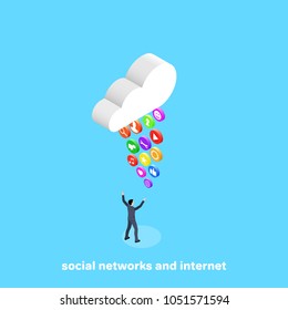 cloud over a man in a business suit and badges on social networks and the Internet, an isometric image