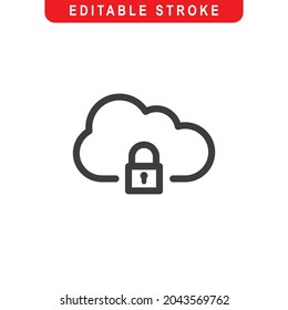 Cloud With Padlock Outline Icon. Locked Cloud Line Art Logo. Vector Illustration. Isolated on White Background. Editable Stroke