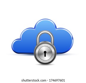 Cloud and padlock. Protected cloud computing service concept. Vector Illustration of protected computer server