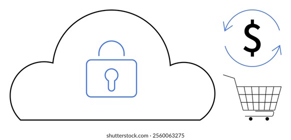 A cloud with a padlock represents security. A dollar symbol inside a circular arrow indicates financial transactions. A shopping cart suggests online shopping. Ideal for cybersecurity, cloud