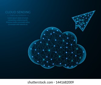 Cloud and paper airplane low poly design, cloud sending abstract geometric image, SEO wireframe mesh polygonal vector illustration made from points and lines on dark blue background