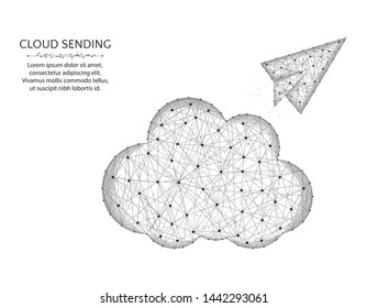 Cloud and paper airplane low poly design, cloud sending abstract geometric image, SEO wireframe mesh polygonal vector illustration made from points and lines on white background