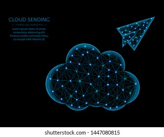 Cloud and paper airplane low poly design, cloud sending abstract geometric image, SEO wireframe mesh polygonal vector illustration made from points and lines on black background