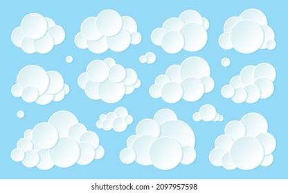 Cloud paper cut blue flat set. 3D bubble weather infoboard advertising postcard blank banner cloudy file storage. Sticker sale promotion info discount label icon meteorology cartoon style isolated