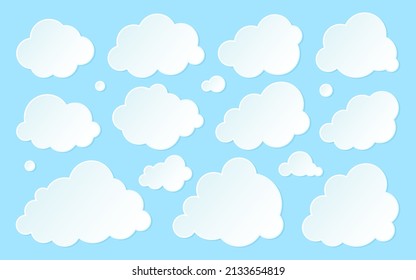 Cloud paper cut blue flat set. 3D bubble weather infoboard advertising postcard blank banner cloudy file storage. Sticker sale promotion info discount label icon meteorology cartoon style isolated