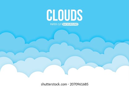 Cloud paper cut blue sky flat style. Cartoon volumetric splash wallpaper postcard. Sunny clear day handcraft origami modern horizontal 3d background. Good weather invitation news vector illustration