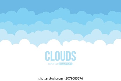 Cloud paper cut blue sky flat style. Cartoon volumetric splash wallpaper postcard. Sunny clear day handcraft origami modern horizontal 3d background. Good weather invitation news vector illustration