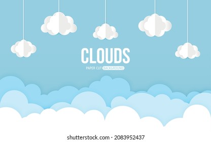 Cloud paper cut blue sky flat style. Cartoon volumetric splash wallpaper postcard. Sunny clear day handcraft origami modern horizontal 3d background. Good weather invitation news vector illustration