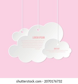 Cloud paper cut white flat set. 3D origami weather infoboard advertising postcard blank banner cloudy file storage. Sticker sale promotion important info discount label icon meteorology cartoon style