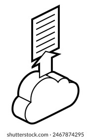 Cloud and paper icon in isometry. Downloading information and files. Image for website, app, logo, UI design.