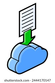 Cloud and paper icon in isometry. Uploading information and files. Image for website, app, logo, UI design.